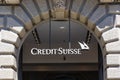 Credit Suisse Bank logo at company headquarters at Paradeplatz in Zurich, Switzerland