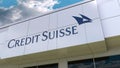 Credit Suisse Group logo on the modern building facade. Editorial 3D rendering