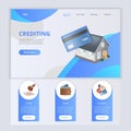 Crediting flat landing page website template. Stamp, purse, payment. Web banner with header, content and footer. Vector