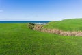 Creek on the coast of the Pacific Ocean going through a green meadow, Half Moon Bay, California