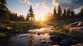 Golden Hour Wilderness Landscape: Sun Setting Over Stream With Trees Royalty Free Stock Photo