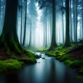 Creek in the forest with fog mysterious quiet atmosphere, created with generative AI technology