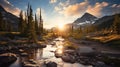 Stunning Sunrise Landscape: Majestic Mountains And Serene Creek