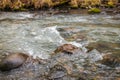 The creek, Water flows on stones. Bubbles and foam on the water. Abstract natural background in selective focus