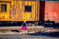 Tarahumara woman running for the train in Creel, Mexico Royalty Free Stock Photo