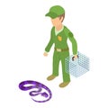 Creeping snake icon isometric vector. Man in uniform near brightly colored snake