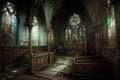 creepy abandoned church with broken stained glass windows and fallen pews