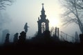 creepy abandoned graveyard with fog and zombie silhouette