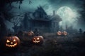 Creepy abandoned haunted house and pumpkin lanterns around, halloween background. Generative AI Royalty Free Stock Photo