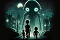 Creepy alien kidnap child. Beautiful illustration picture. Generative AI