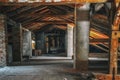 Creepy attic interior at abandoned building