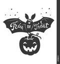 Funny bat with Trick or Treat phrase hand written on it, carved spooky pumpkin and candies on orange background. Vector