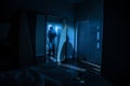 A creepy bedroom scenery, Silhouette of scary person standing reflected in mirror with mist and toned light