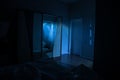 A creepy bedroom scenery, Silhouette of scary person standing reflected in mirror with mist and toned light