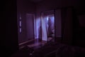 A creepy bedroom scenery, Silhouette of scary person standing reflected in mirror with mist and toned light