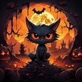 Creepy black cat in graveyard surrounded by pumpkins