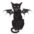 Creepy black cat with monster wings isolated over white background. Wiccan familiar spirit, halloween or pagan witchcraft theme pr