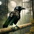 Creepy black crow croaking in misty dark forest on full moon night. Royalty Free Stock Photo