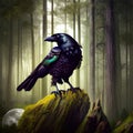 Creepy black crow croaking in misty dark forest on full moon night. Royalty Free Stock Photo