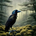 Creepy black crow croaking in misty dark forest on full moon night. Royalty Free Stock Photo