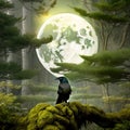 Creepy black crow croaking in misty dark forest on full moon night. Royalty Free Stock Photo