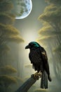 Creepy black crow croaking in misty dark forest on full moon night. Royalty Free Stock Photo