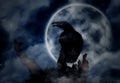 Creepy black crow croaking on old tree under full moon at night Royalty Free Stock Photo