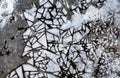 Creepy black frozen water with cracked ice