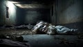 Creepy, broken doll in the middle of an abandoned room.