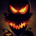 Creepy burning Jack-o-lantern pumpkin head. Halloween Glowing fire flame head Royalty Free Stock Photo