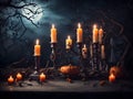 Creepy Candlelit Scene: Halloween Background with Old Table and Branches Royalty Free Stock Photo