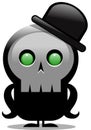 Creepy cartoon skull character with bowler hat over white