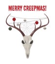 Creepy Christmas card template. Rein deer skull with garland, spider web