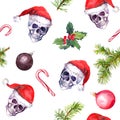 Creepy Christmas skulls seamless pattern. Dead human heads in red santa hats, candy canes, pine branches and decorative Royalty Free Stock Photo