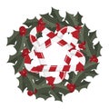 Creepy Christmas wreath with candy canes pentagram. Holiday greeting card template