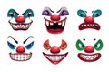 Creepy clown faces. Isolated on white. Scary vector.