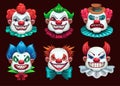 Creepy clown faces set. Scary circus concept. Vector illustration
