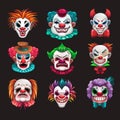 Creepy clown faces set. Scary circus elements.