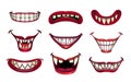 Creepy clown mouths set. Scary smile with jaws and red lips. Royalty Free Stock Photo