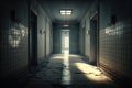 Creepy corridor in abandoned hospital, scary dark passage in old building, generative AI Royalty Free Stock Photo