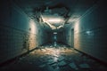 Creepy corridor in abandoned hospital, scary underground passage in old building, generative AI