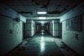 Creepy corridor in abandoned hospital, scary underground passage in old building, generative AI