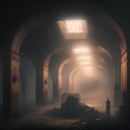 Creepy corridor in an old abandoned factory. 3D rendering
