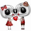 Love Voodoo Dolls Girl and Boy Kiss Creepy Cute Valentine`s Day Character Vector illustration isolated on white