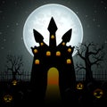 Creepy dark castle with pumpkins in graveyard on the full moon