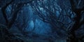 Creepy dark forest background, spooky black crooked trees and mystic blue light at night. Landscape of scary fairy tale woods. Royalty Free Stock Photo