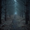 creepy dark forest, scary pathway. lonely path in middle of woods Royalty Free Stock Photo