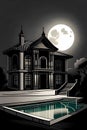 Creepy dark villa with pool at moonlit night