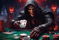 Creepy demonic red eyed Vampire blood Playing Poker with CMB logo, tons of chips midnight nightmare poker, night sky, neon lights