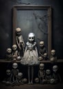 A creepy doll collection that seems to come to life at night halloween frame border